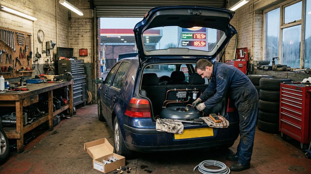 Mechanic installing LPG system on a VW Golf