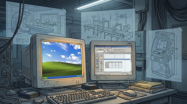old computer with crt monitor, displaying windows xp and frontpage 98