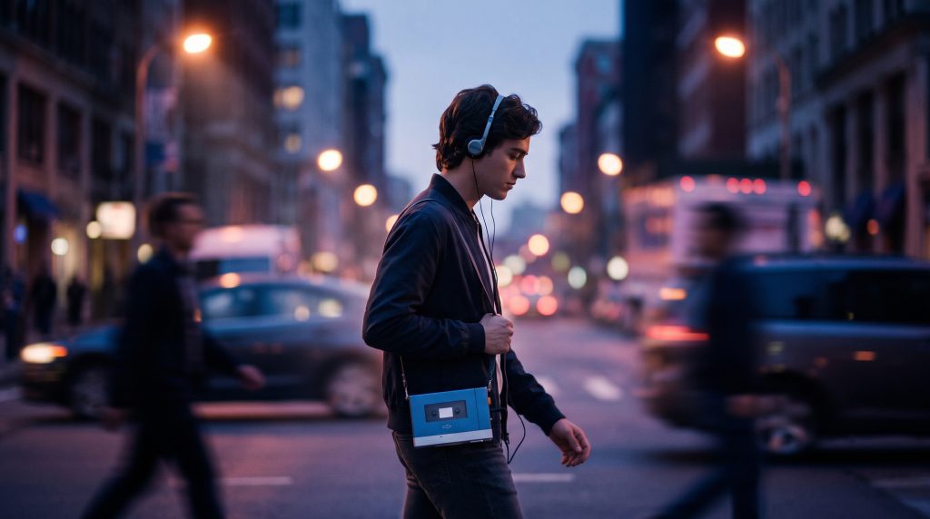 young man crossing the street listening to his walkman